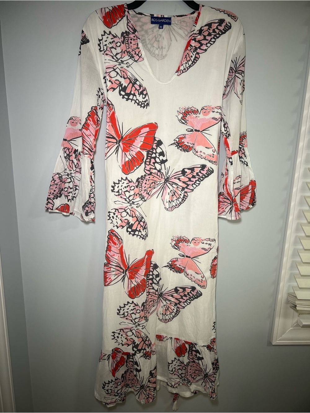 Ro’s Garden Butterfly Print Bell Sleeve Cotton Maxi Dress Size XS